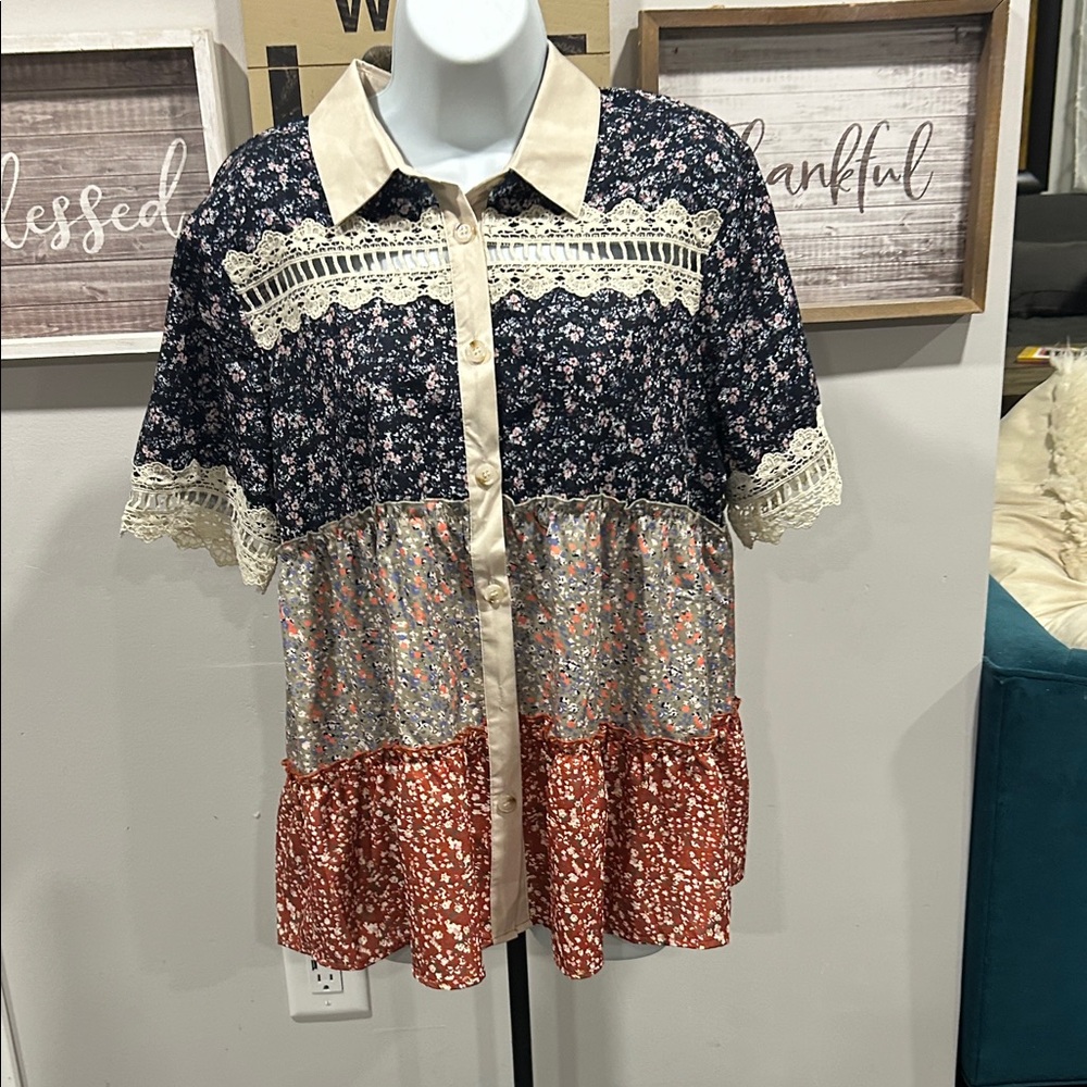 Floral Patchwork Blouse with Lace Trim